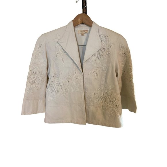 Choices Crochet Lace Inset Jacket Open Front Womens Petite Small White - Picture 2 of 6